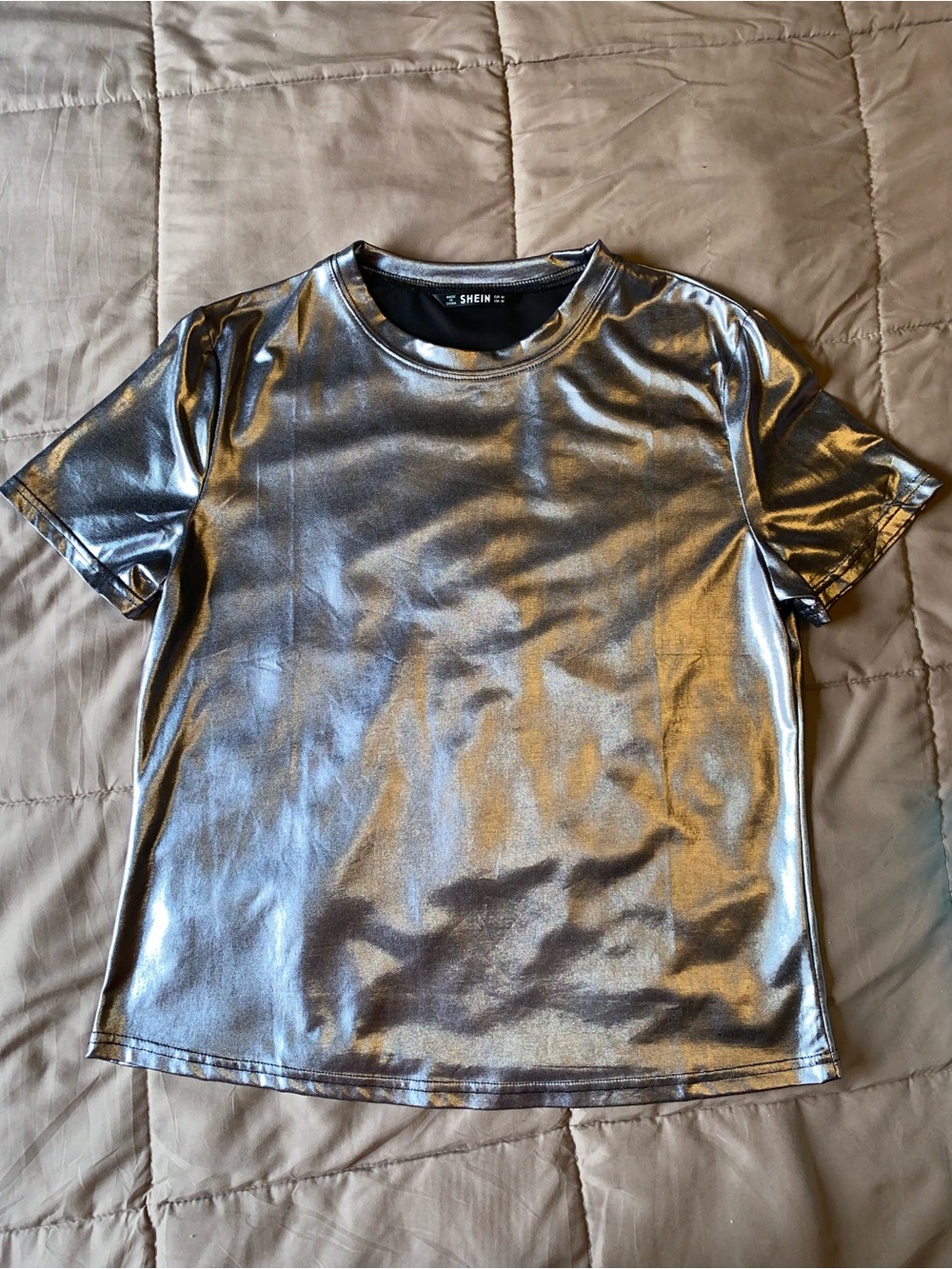 SHEIN Metallic Silver Crew Neck Tee